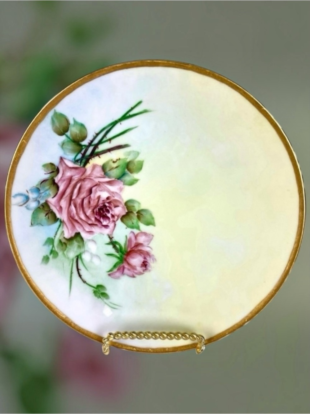 Antique c1900 J & C Bavaria Cabinet Plate Pink Roses Hand Painted Floral Gold
